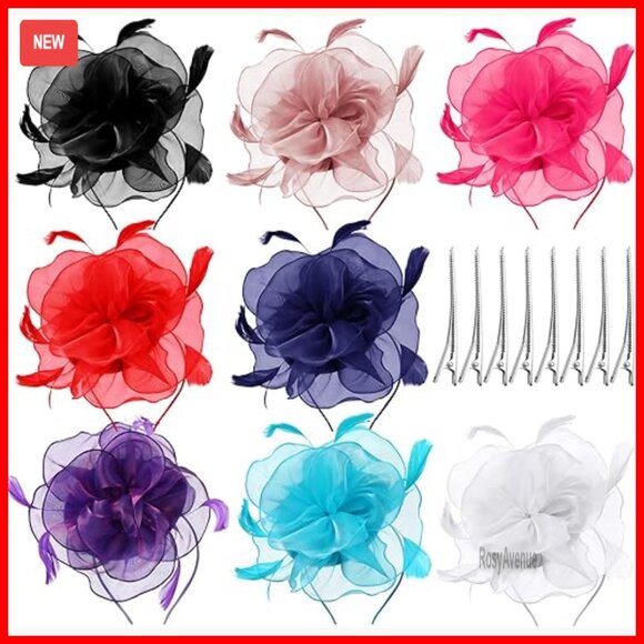 8 Pack Women\'s Fascinator Hats Derby Mesh Flower Feather Adjustable Headband main image 6